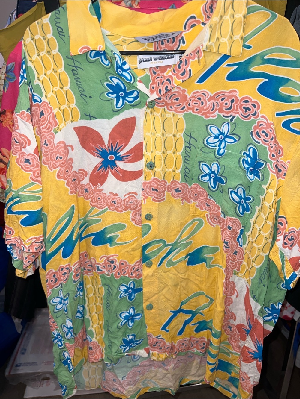 Jams World Aloha Yellow, Green, Blue Floral Hawaiian Button-Up